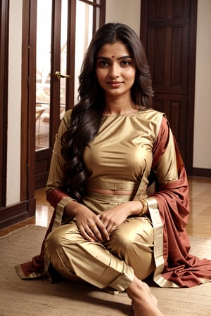 show complete woman, beautiful traditonal indian, wearing indian salwar suit in red color, full body, only one woman, extra long hair, bindi, beautiful arms, beautiful fingers, beautiful foot, with jewellery, closeup of face, full face, brown eyes, only 2 hands, 