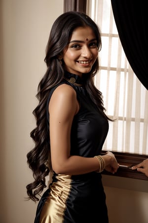 show complete woman, beautiful traditonal indian, wearing indian salwar suit in black color, full body, only one woman, extra long hair, bindi, beautiful arms, beautiful fingers, beautiful foot, with jewellery, closeup of face, full face, brown eyes, only 2 hands, naughty smile