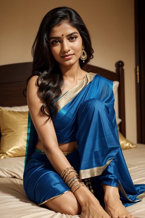 show complete woman, beautiful traditonal indian, wearing indian saree in blue color, full body, only one woman, extra long hair, bindi, beautiful arms, beautiful fingers, beautiful foot, with jewellery, closeup of face, full face, brown eyes, only 2 hands, sitting down on bed