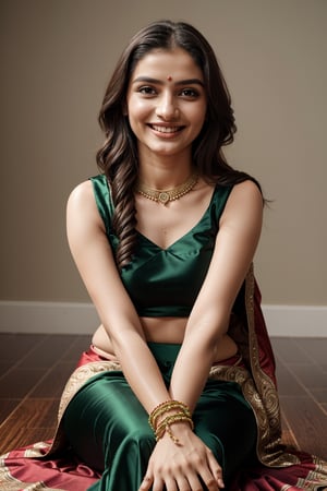 show complete woman, beautiful traditonal indian, wearing indian lehenga in green color, full body, only one woman, extra long staright silky hair, bindi, beautiful arms, beautiful fingers, beautiful foot, with jewellery, closeup of face, full face, brown eyes, only 2 hands, naughty smile, sitting