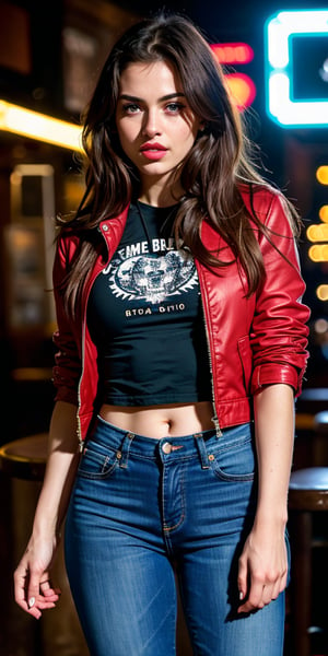 Create a high quality image, extreme detail, ultra definition, extreme realism, high quality lighting, 16k UHD, one girl, light brown hair, beautiful eyes, bright red rouge lips, big breasts, tight t-shirt, denim jacket, tight jeans, cowboy boots, sensual pose, in an old blues bar, dim lighting, blues band playing, all eyes on her