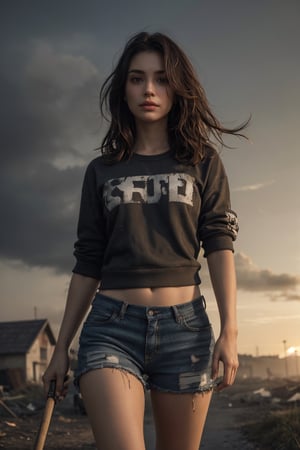 Generates a high quality image, masterpiece, extreme details, ultra definition, extreme realism, high quality lighting, 16k UHD, a beautiful young woman of 25 years old, messy and dirty hair with grass, dirty and worn clothes, tired and dirty face, with an expression of fear, a stick in hand, walking in a destroyed city, post-apocalyptic scene, dim light, very cloudy sky