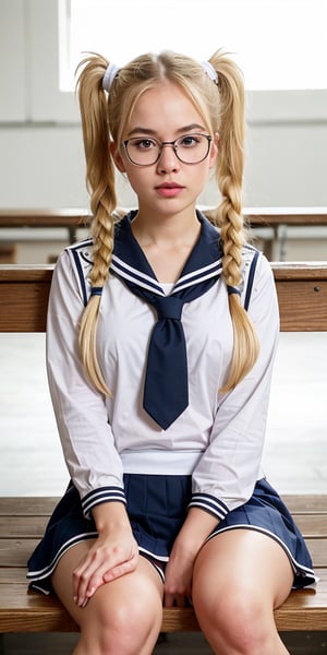 Create a high quality image, extreme detail, ultra definition, extreme realism, high quality lighting, 16k UHD, a girl, blonde hair with pigtails, glasses, big breasts, sailor suit, sitting on her bench, mischievous look, school classroom