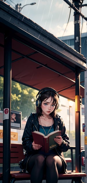Create a high quality image, extreme details, ultra definition, extreme realism, high quality lighting, 16k UHD, an 18 year old girl, sitting at the bus stop, reading a book, with headphones, it's raining, dim light from a lamp post