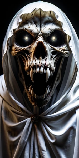 Create a high quality image, extreme detail, ultra definition, extreme realism, high quality lighting, 16k UHD,   a zombie-like figure with a white cloth covering its face, its mouth wide open as if screaming, and its eyes reflecting fear,zkeleton