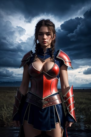 Very high quality image, extreme details of realism, a young warrior girl, big breasts, red armor, fighting in the middle of heavy rain, cloudy day with low light, close-up view from the front looking at the viewer,  phblue, Very high quality image, extreme details of realism, a young warrior girl, big breasts, red armor, fighting in the middle of heavy rain, cloudy day with low light, close-up view from the front looking at the viewer, in combat pose with sword,phblue,scenery