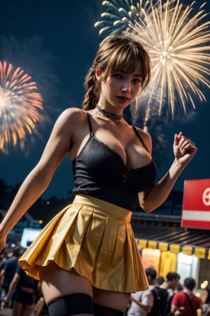 creates a high cinematic quality image, extreme details, ultra definition, extreme realism, high quality lighting, 16k UHD, girl, big breasts, sleeveless yellow bodice camisole,  blue pleated mini short skirt, black stockings, traditional festival, fireworks, people having fun, night