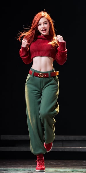 Create a high quality image, extreme details, ultra definition, extreme realism, high quality lighting, 16k UHD, a beautiful teenager, red hair, beautiful eyes, slim body, oversized sweater, low-rise wide-leg pants, wide military belt, expression of joy, jumping in a musical show, spotlights that highlight the details