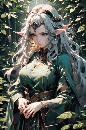 Generates an image of high cinematographic quality, extreme details, ultra definition, extreme realism, lighting of high quality, 16k UHD, an elven princess in an enchanted forest, a meandering stream, sunlight filtering through the forest, long silver gray wavy hair, huge breasts, brown eyes, emerald green silk robe, decorated with gold embroidery ancient elvish symbols, a crown of leaves and twigs adorns his head, expression,BJ_Oil_painting