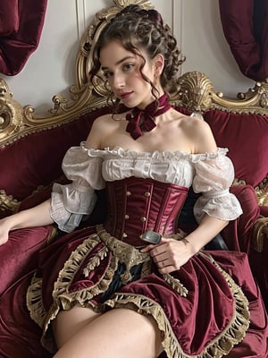 Create a high quality image, extreme detail, ultra definition, extreme realism, high quality lighting, 16k UHD, a beautiful and sexy Victorian girl, very huge breasts, curly hair up, corset and  burgundy Victorian dress, sitting on a Victorian sofa, environment of that style