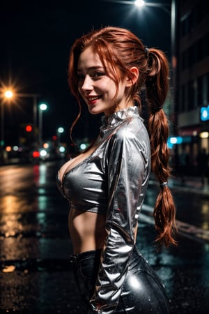 creates a high cinematic quality image, extreme details, ultra definition, extreme realism, high quality lighting, 16k UHD, girl, long reddish hair with two pigtails, huge breasts, dancing in the rain in the middle of the street, lights from a city at night, wet clothes, wet hair, happy face, laughing