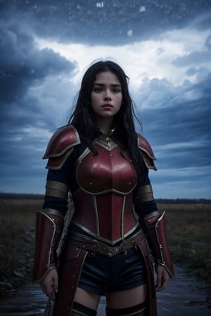 Very high quality image, extreme details of realism, a young warrior girl, big breasts, red armor, fighting in the middle of heavy rain, cloudy day with low light, close-up view from the front looking at the viewer,  phblue