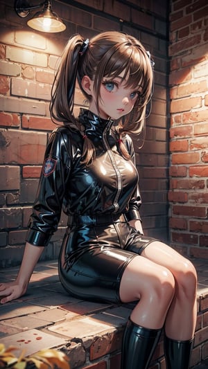 Creates a high quality image, extreme detail, ultra definition, extreme realism, high quality lighting, 16k UHD, one girl, brown hair with two pigtails, (black latex top, latex shorts), sitting on brick wall, night party