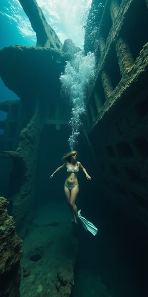 close-up view of the young woman, Deep in the Caribbean Sea, a beautiful young woman dives among the remains of a pirate shipwreck, extreme quality of detail, absolute realism, 32K UHD, maximum resolution,