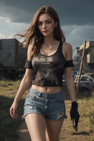 Generates a high quality image, masterpiece, extreme details, ultra definition, extreme realism, high quality lighting, 16k UHD, a beautiful young woman of 25 years old, messy and dirty hair with grass, dirty and worn clothes, tired and dirty face, with an expression of fear, a stick in hand, walking in a destroyed city, post-apocalyptic scene, dim light, very cloudy sky