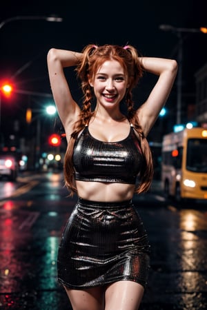 creates a high cinematic quality image, extreme details, ultra definition, extreme realism, high quality lighting, 16k UHD, girl, long reddish hair with two pigtails, huge breasts, dancing in the rain in the middle of the street, lights from a city at night, wet clothes wet hair, happy face, laughing, front view, arms raised