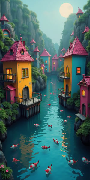 creates a masterpiece, of a floating village on a river with pink, yellow and blue houses, which sway on the water while ghost fish swim beneath them in a spooky Tim Burton style.