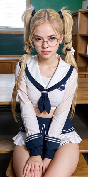 Create a high quality image, extreme detail, ultra definition, extreme realism, high quality lighting, 16k UHD, a girl, blonde hair with pigtails, glasses, big breasts, sailor suit, sitting on her bench, mischievous look, school classroom