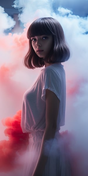 Create a close-up ahigh quality image, extreme detail, ultra definition, extreme realism, high quality lighting, 16k UHD, a girl, casual clothes,semi transparent inside a white cloud of smoke as if it were a dream