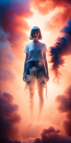 Create a high quality image, extreme detail, ultra definition, extreme realism, high quality lighting, 16k UHD, a girl, casual clothes,semi transparent inside a white cloud of smoke as if it were a dream