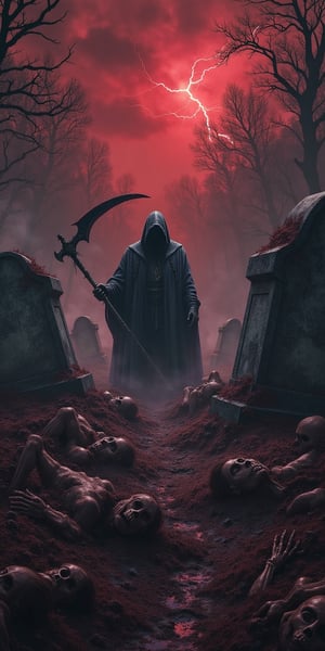 An ancient cemetery with crooked and broken gravestones, eerie shadows cast by a dim red sky. From the graves, skeletal hands are slowly emerging, covered in dirt and decay. In the center, a dark hooded figure with a scythe stands menacingly, surrounded by decomposed bodies crawling out of the ground. Thick fog rolls low across the ground, while distant lightning briefly illuminates the scene. The atmosphere is one of deep despair and terror, with a heavy air of death and decay