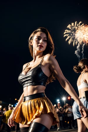 creates a high cinematic quality image, extreme details, ultra definition, extreme realism, high quality lighting, 16k UHD, girl, big breasts, yellow sleeveless camisole, blue pleated mini skirt, black stockings, leather boots, traditional festival, fireworks, people having fun, night