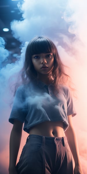 Create a close-up ahigh quality image, extreme detail, ultra definition, extreme realism, high quality lighting, 16k UHD, a girl, casual clothes,semi transparent inside a gray cloud of smoke as if it were a dream