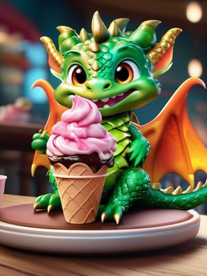 a baby dragon, sitting in a chair at an ice cream shop, eating a large strawberry and chocolate ice cream, perfect details, extreme quality, maximum resolution, cinematic lighting, 8k UHD, a cute dragon