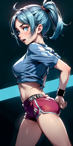 Create a high quality image, extreme details, ultra definition, extreme realism, high quality lighting, 16k UHD, young girl, blue hair with pigtails, slim body, big breasts, expression of joy and excitement, red cheeks, sportswear with short sleeves, dark blue shorts, sexy pose, sweaty body, gym, back view, looking at the camera