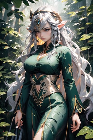 Generates an image of high cinematographic quality, extreme details, ultra definition, extreme realism, lighting of high quality, 16k UHD, an elven princess in an enchanted forest, a meandering stream, sunlight filtering through the forest, long silver gray wavy hair, huge breasts, brown eyes, emerald green silk robe, decorated with gold embroidery ancient elvish symbols, a crown of leaves and twigs adorns his head, expression,BJ_Oil_painting