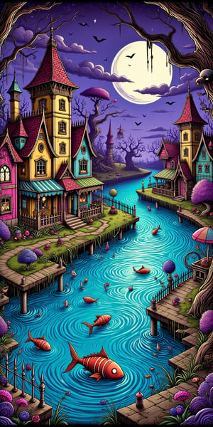 creates a masterpiece, of a floating village on a river with pink, yellow and blue houses, which sway on the water while ghost fish swim beneath them in a spooky Tim Burton style.,digital illustration