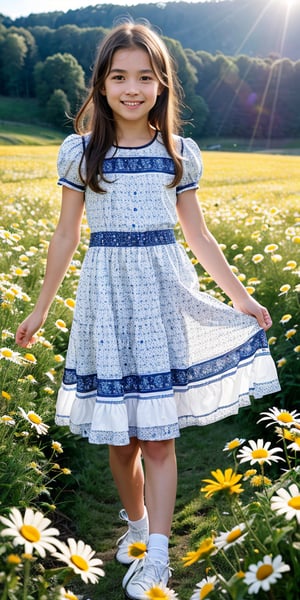 Create a high quality image, extreme detail, ultra definition, extreme realism, high quality lighting, 16k UHD, an 8 year old girl, country print dress, collecting daisies for her mother, sunny meadow