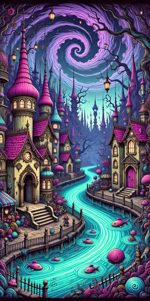 creates a masterpiece, of a floating village on a river with pink, yellow and blue houses, which sway on the water while ghost fish swim beneath them in a spooky Tim Burton style.,digital illustration