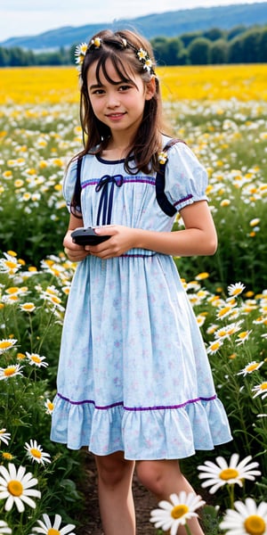 Create a high quality image, extreme detail, ultra definition, extreme realism, high quality lighting, 16k UHD, an 8 year old girl, country print dress, collecting daisies for her mother, sunny meadow