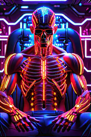 Create a high quality image, extreme detail, masterpiece, intricate detail, depth of field, ultra definition, extreme realism, real photography, real life, high quality lighting, 16k UHD, a man in a testing chair, with cybernetic implants in his head, wires coming out of his body, the veins in his arms are neon blue, white tank top, horrified expression, in the background a futuristic computer full of neon lights and buttons that takes up the entire wall in the center a neon blue holographic skull