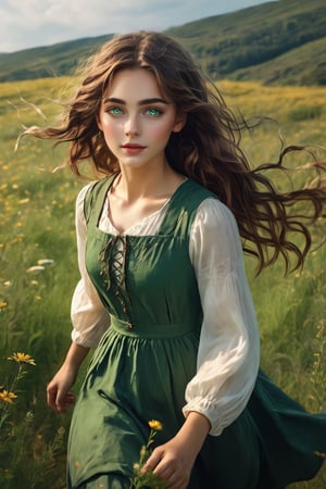 Generates a high quality image, cinematics, extreme details, ultra definition, extreme realism, high quality lighting, 16k UHD, a beautiful girl, long wavy hair, green detailed eyes, country dress, running in the meadow