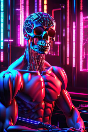 Create a high quality image, extreme detail, masterpiece, intricate detail, depth of field, ultra definition, extreme realism, real photography, real life, high quality lighting, 16k UHD, a man in a testing chair, with cybernetic implants in his head, wires coming out of his body, the veins in his arms are neon blue, white tank top, horrified expression, in the background a futuristic computer full of neon lights and buttons that takes up the entire wall in the center a neon blue holographic skull