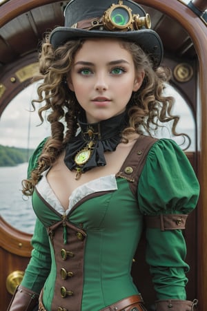  a young girl, curly brown hair, green eyes, tight steampunk sexy clothes, in a steampunk boat , 16k UHD, extreme realism, ultra definition, high quality