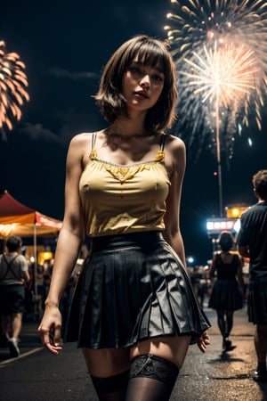 creates a high cinematic quality image, extreme details, ultra definition, extreme realism, high quality lighting, 16k UHD, girl, big breasts, sleeveless yellow bodice camisole,  blue pleated mini short skirt, black stockings, traditional festival, fireworks, people having fun, night