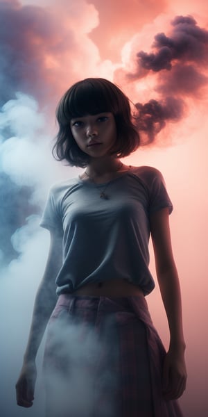 Create a close-up ahigh quality image, extreme detail, ultra definition, extreme realism, high quality lighting, 16k UHD, a girl, casual clothes,semi transparent inside a gray cloud of smoke as if it were a dream