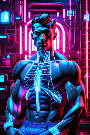 Create a high quality image, extreme detail, masterpiece, intricate detail, depth of field, ultra definition, extreme realism, real photography, real life, high quality lighting, 16k UHD, a man in a testing chair, with cybernetic implants in his head, wires coming out of his body, the veins in his arms are neon blue, white tank top, horrified expression, in the background a futuristic computer full of neon lights and buttons that takes up the entire wall in the center a neon blue holographic skull