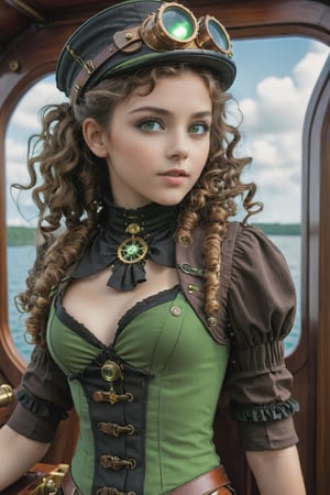  a young girl, curly brown hair, green eyes, tight steampunk sexy clothes, in a steampunk boat , 16k UHD, extreme realism, ultra definition, high quality