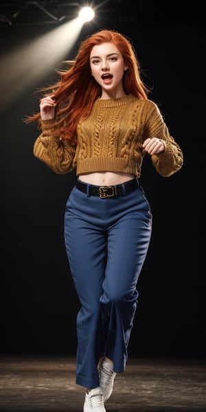 Create a high quality image, extreme details, ultra definition, extreme realism, high quality lighting, 16k UHD, a beautiful teenager, red hair, beautiful eyes, slim body, oversized sweater, low-rise wide-leg pants, wide military belt, expression of joy, jumping in a musical show, spotlights that highlight the details,realistic hands
