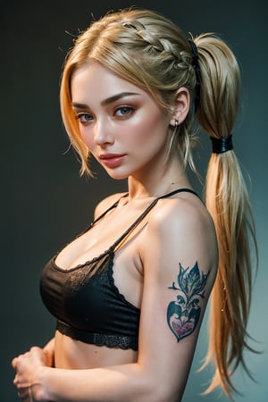 Generates a high quality image, masterpiece, extreme details, ultra definition, extreme realism, high quality lighting, 16k UHD, a beautiful young woman, blonde hair with pigtails, delicate makeup, tank top with straps, side pose showing the arm, detailed and intricate colorful tattoo of a mermaid on her arm, half body image, ,1 girl