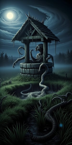 An old, decrepit well stands in the middle of a dark, fog-covered field. Emerging from the well is a gaunt, skeletal creature with long, bony fingers and a twisted, elongated face. Its eyes are hollow, and its skin clings tightly to its bones as it crawls out of the well, its body contorting unnaturally. The camera captures the scene from a medium shot, with a slight upward angle to emphasize the creature's terrifying presence. The fog swirls around the well, and the only light comes from the moon, casting long, ominous shadows across the field, ek_ph0t0_b00ste