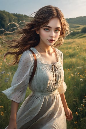 Generates a high quality image, cinematics, extreme details, ultra definition, extreme realism, high quality lighting, 16k UHD, a beautiful girl, long wavy hair, beautiful eyes, country dress, running in the meadow