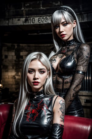 creates a high quality image, extreme details, ultra definition, extreme realism, 16k UHD, 2 girls with black leather clothes, silver hair and long fangs, body all tattooed, red eyes, in the background an intricate dusty catacomb, demolished and full spider web