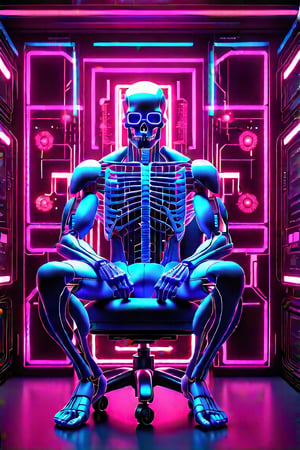 Create a high quality image, extreme detail, masterpiece, intricate detail, depth of field, ultra definition, extreme realism, real photography, real life, high quality lighting, 16k UHD, a man in a testing chair, with cybernetic implants in his head, wires coming out of his body, the veins in his arms are neon blue, white tank top, horrified expression, in the background a futuristic computer full of neon lights and buttons that takes up the entire wall in the center a neon blue holographic skull