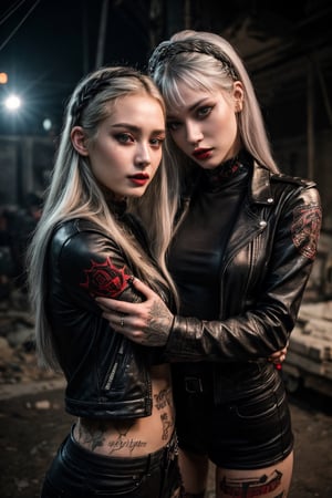 creates a high quality image, extreme details, ultra definition, extreme realism, 16k UHD, 2 girls with black leather clothes, silver hair and long fangs, body all tattooed, red eyes, in the background an intricate dusty catacomb, demolished and full spider web