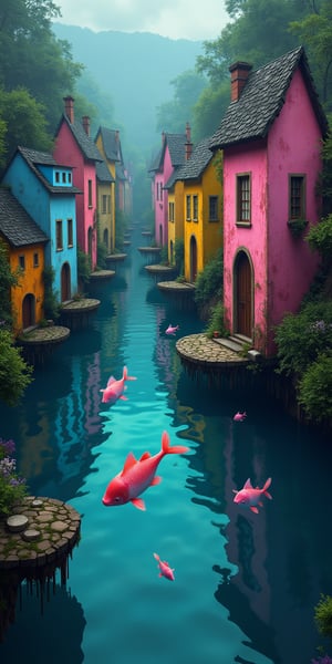 creates a masterpiece, of a floating village on a river with pink, yellow and blue houses, which sway on the water while ghost fish swim beneath them in a spooky Tim Burton style.